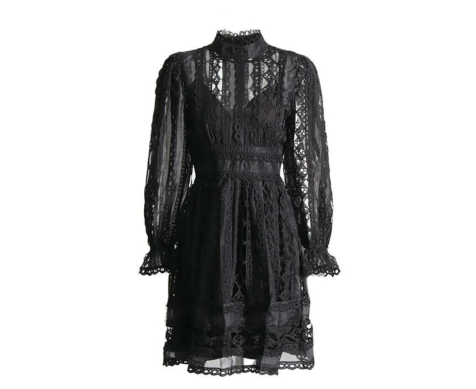 Juliana Lace Temperament Mini Dress - Black