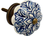 Nicola Spring Ceramic Cupboard Drawer Handle Knobs - Vintage Flower Design - Dark Blue - Pack of 12