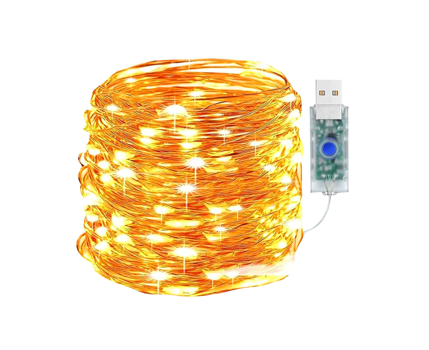 illuminex 2PCE 100 Warm White Copper Wired USB LED Fairy Lights 8 Mode 10m - Warm White