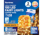 illuminex 2PCE 100 Warm White Copper Wired USB LED Fairy Lights 8 Mode 10m - Warm White