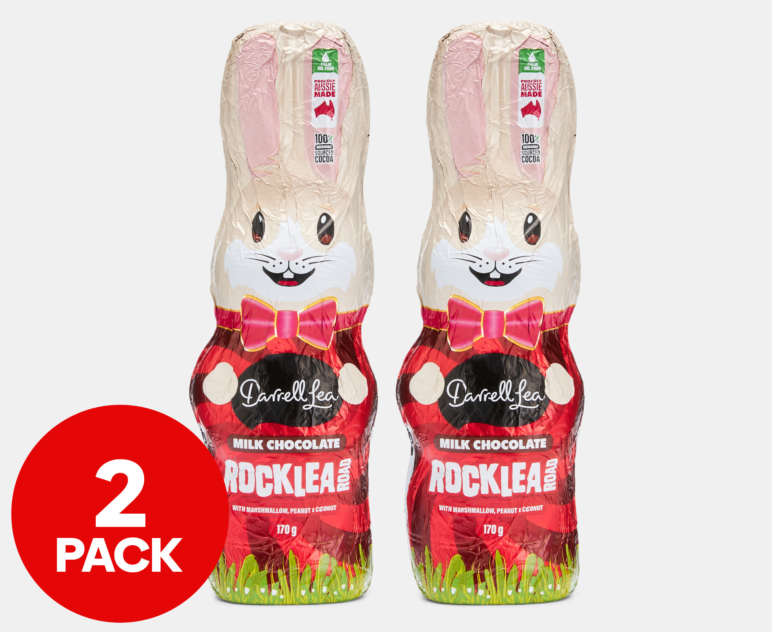 2 X Darrell Lea Rocklea Road Hollow Easter Bunny Milk Chocolate 170g