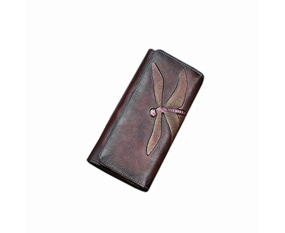 Tenpell Slim Wallets for Women Embossed Dragonfly Leather Wallet Cellphone Clutch-Brown