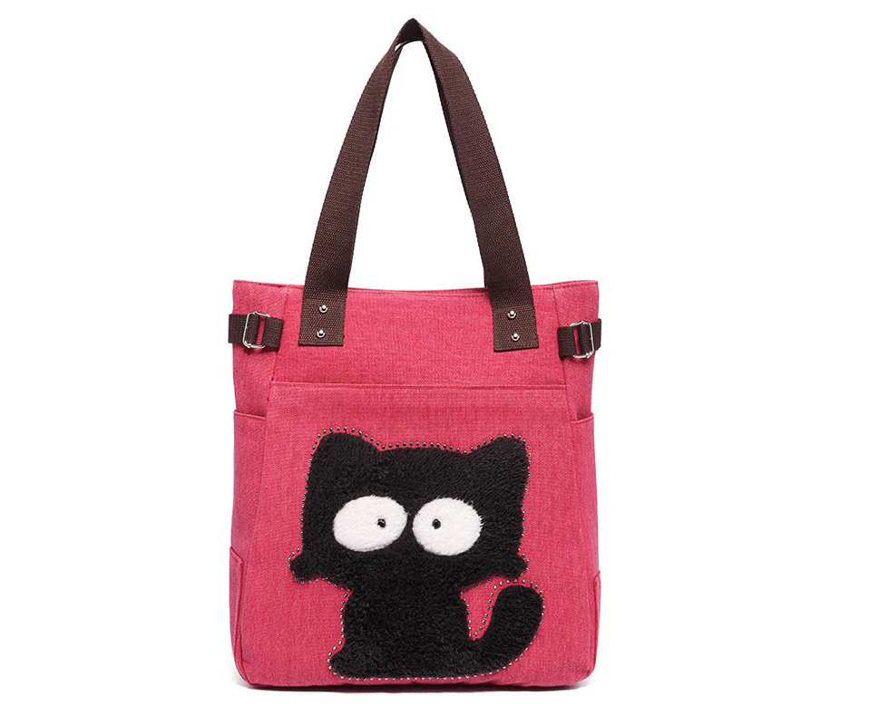 Tenpell Women Canvas Tote Bag Cute Cat Shoulder Bag-Red