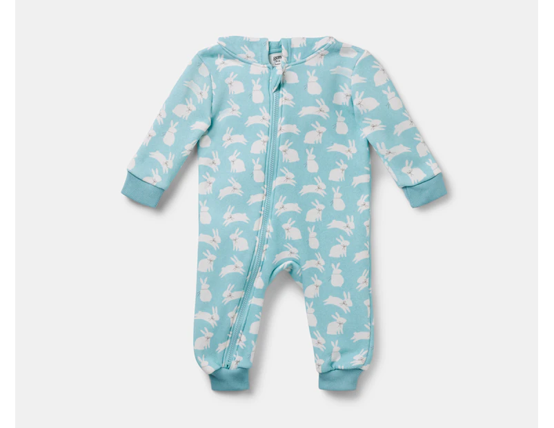 Gem Look Baby Boys' Bunny Print Fleece Coverall Romper - Blue/White