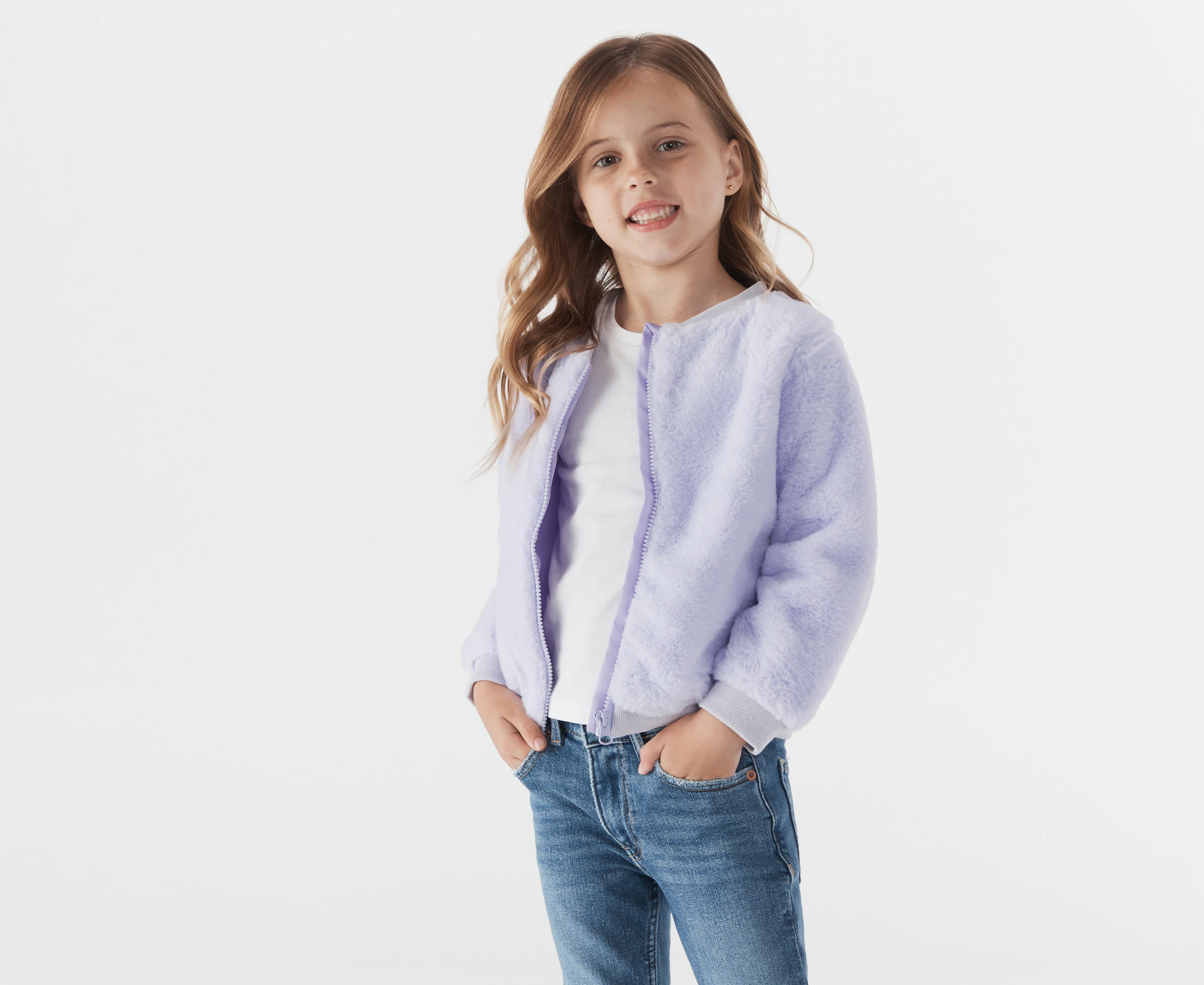 Gem Look Girls' Faux Fur Bomber Jacket - Purple