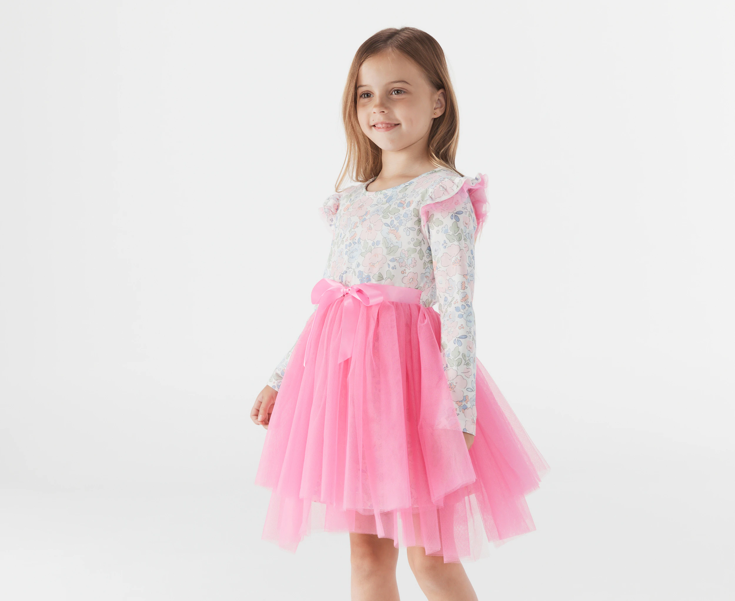 Gem Look Girls' Floral Print Long Sleeve Layered Tutu Dress - Pink/Multi