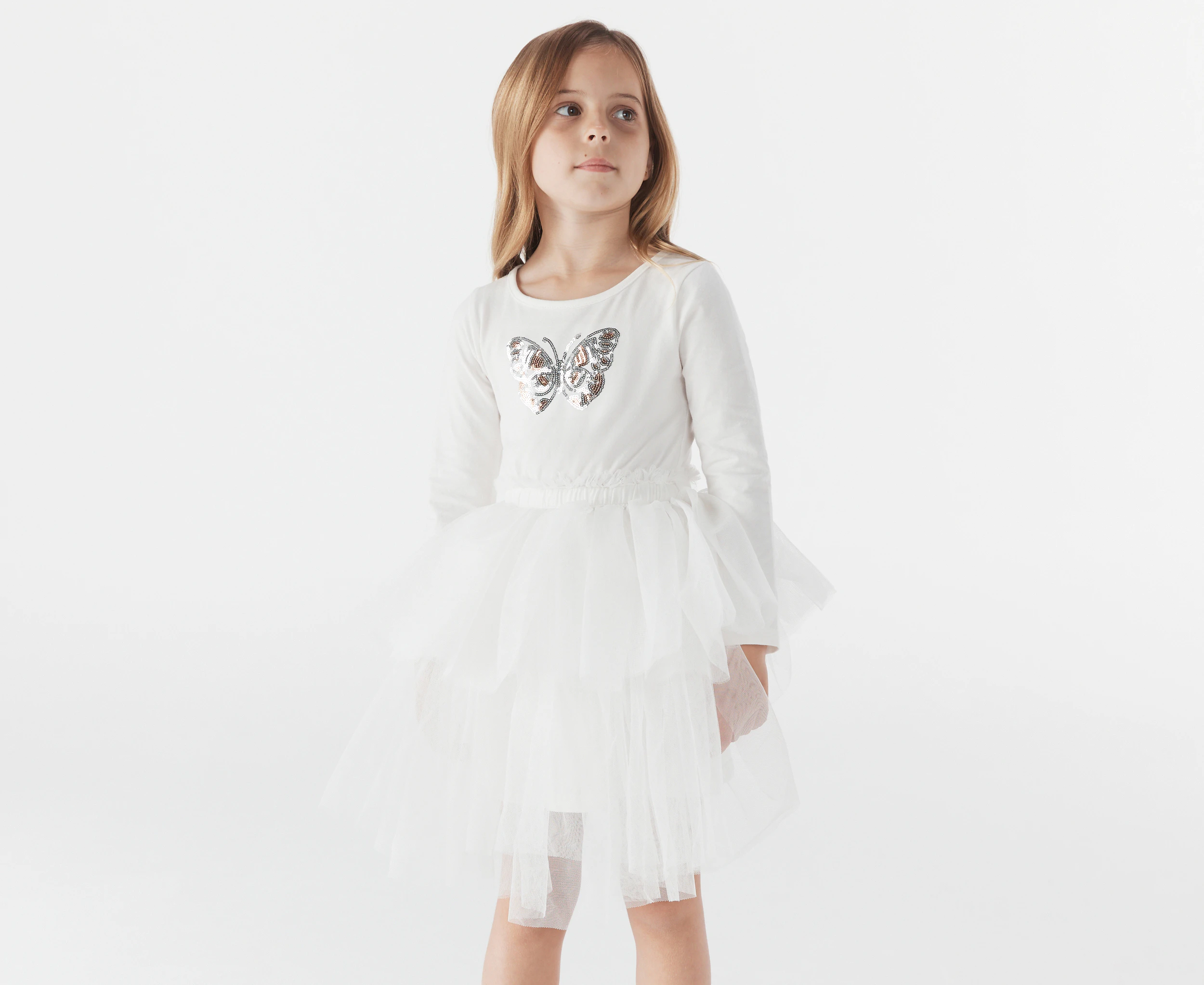 Gem Look Girls' Sequins Butterfly Layered Tutu Dress - White/Multi