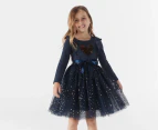 Gem Look Girls' Sequins Heart Long Sleeve Tutu Dress - Navy