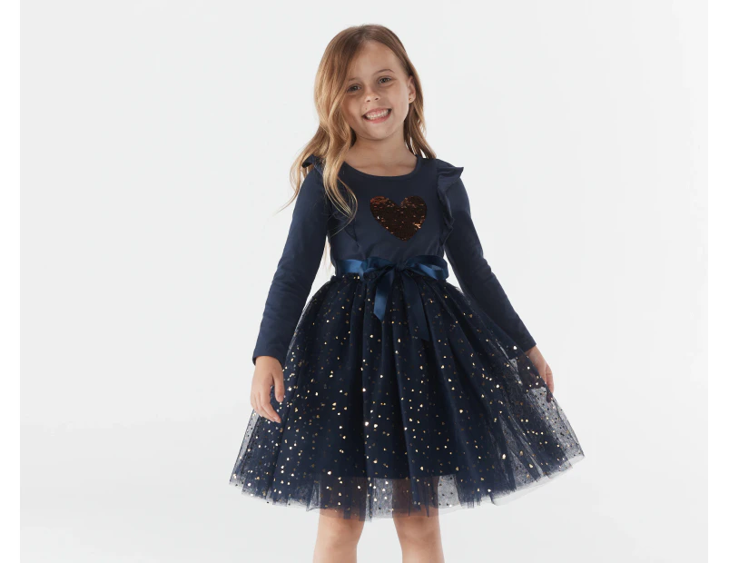 Gem Look Girls' Sequins Heart Long Sleeve Tutu Dress - Navy