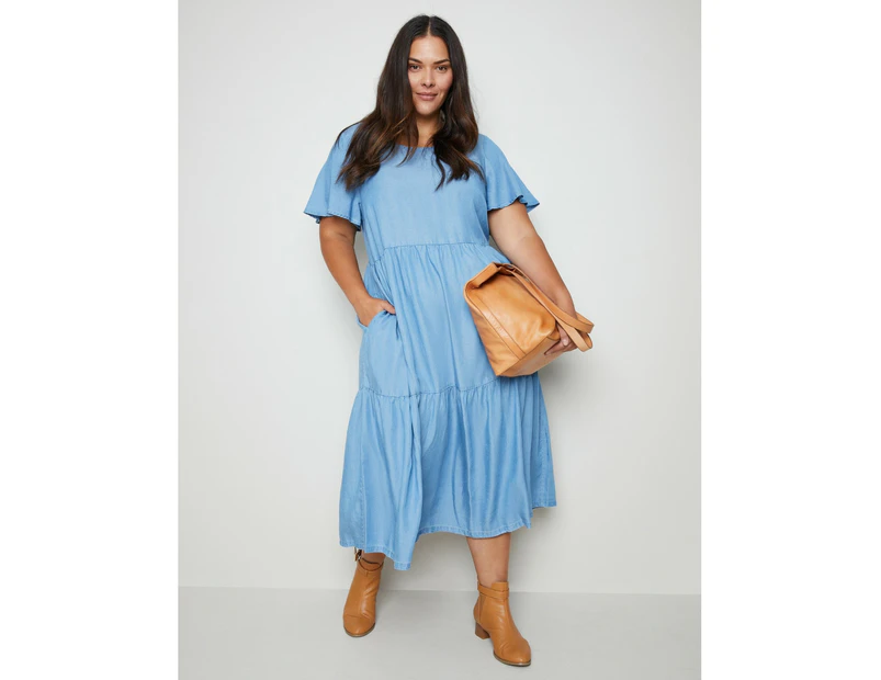 AUTOGRAPH - Plus Size -  Woven Short Sleeve Tiered Lyocell Midi Dress - Light Wash