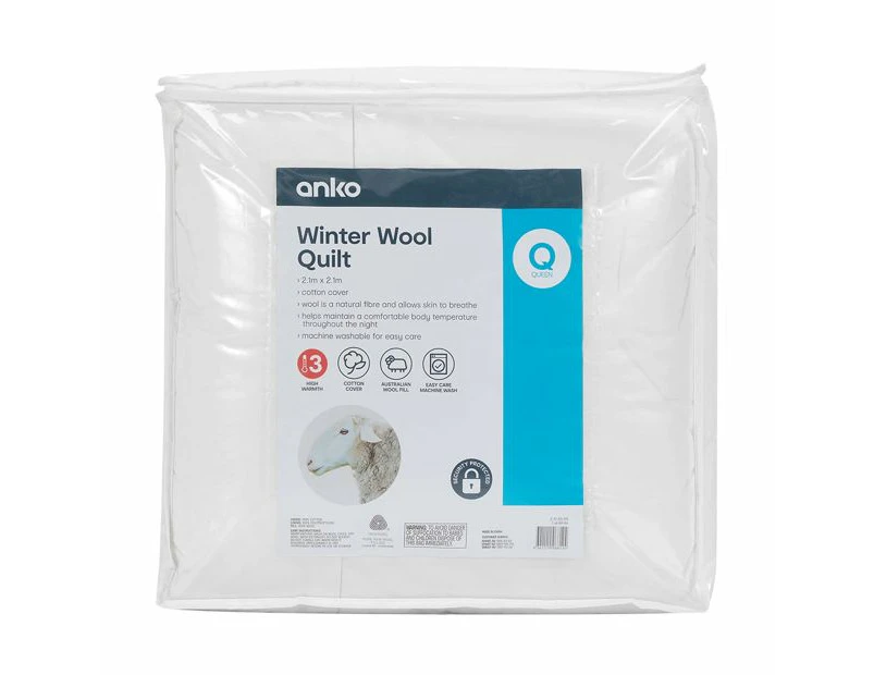 High Warmth Winter Wool Quilt, Queen Bed - Anko - White