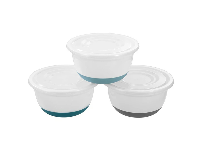 12 x PLASTIC LIDDED MIXING BOWLS with ANTI-SLIP BASE 4.5LT Food Safe 3 Assorted Colours Salad, Soup, Pasta, Meats, Fruit etc. Good for Party, Home Use