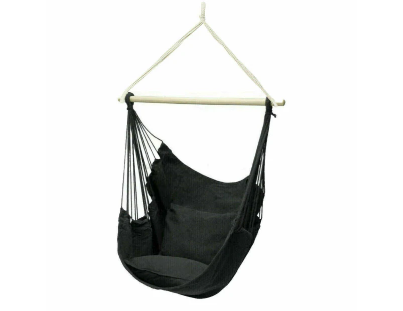 Portable Hanging Hammock Chair Swing Garden Outdoor Camping Soft with 2 x Cushions ~ Black