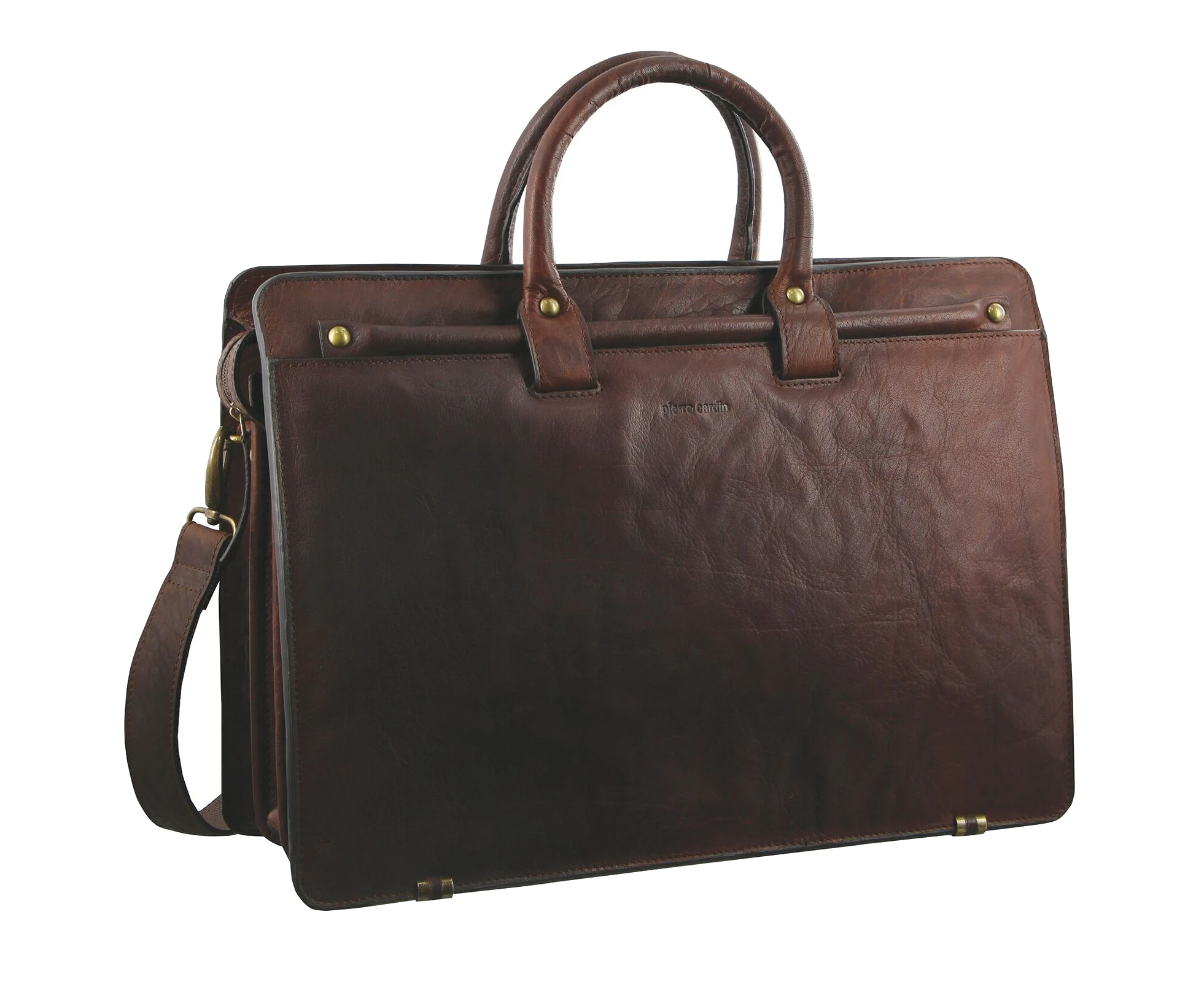 Pierre Cardin Mens Rustic Leather Computer Laptop Shoulder Bag Handbag Briefcase - Chestnut