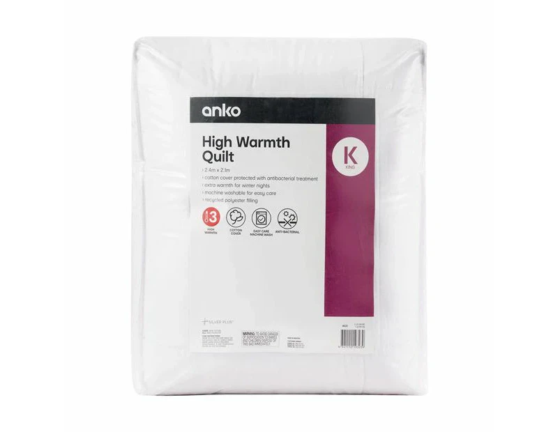 High Warmth Quilt, King Bed - Anko - White