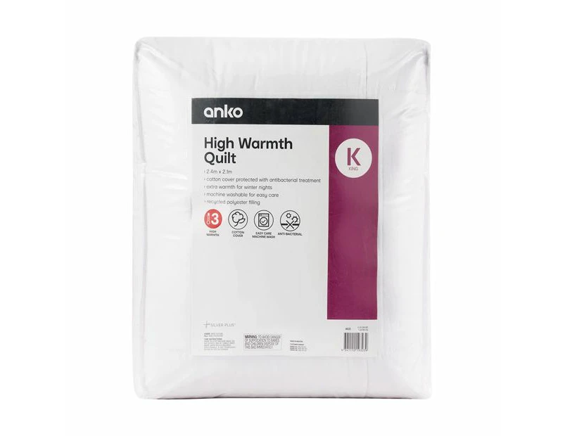 High Warmth Quilt, King Bed - Anko - White