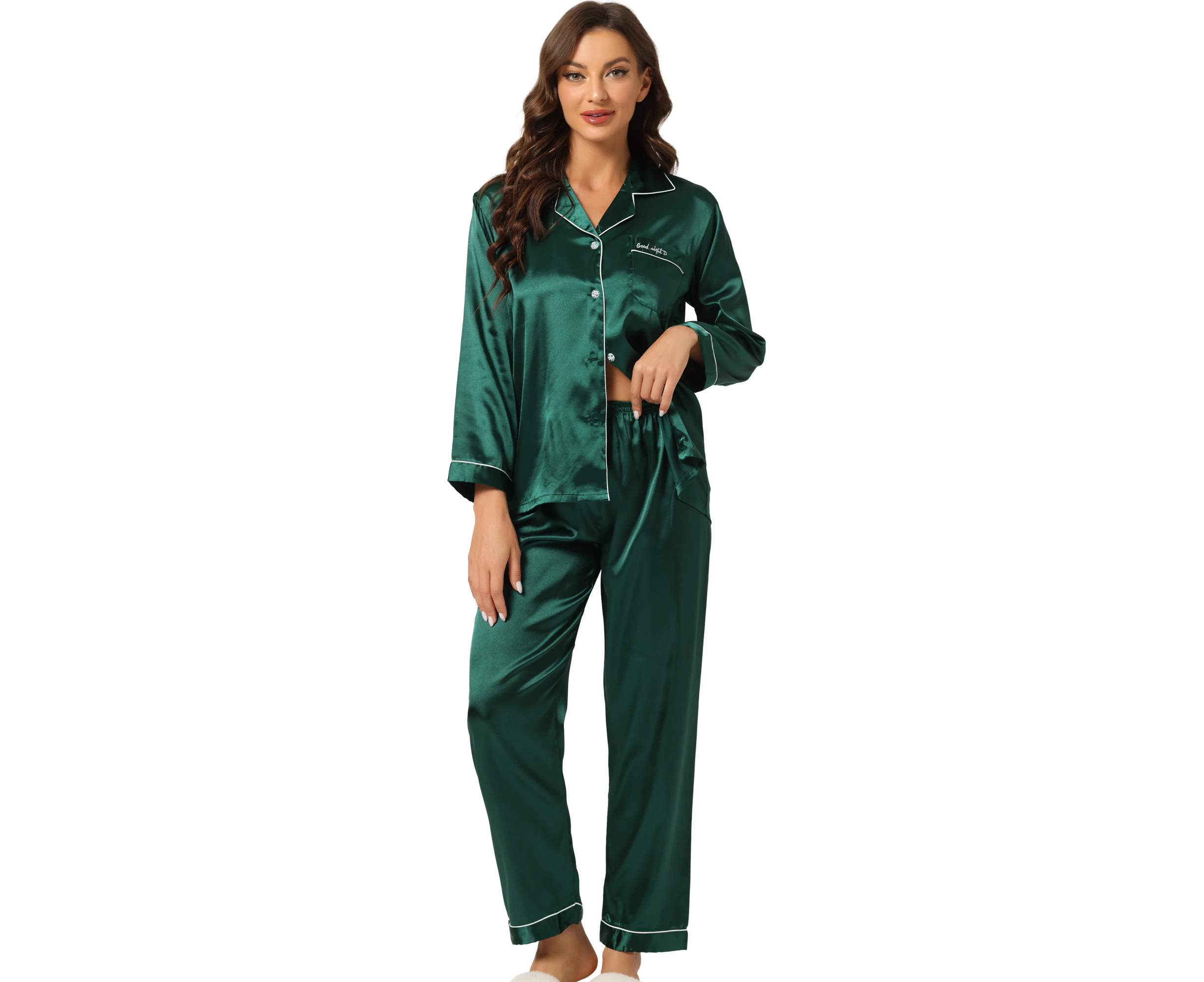 Allegra K Satin Button Down Pyjama Sets - Dark Green - Dark Green