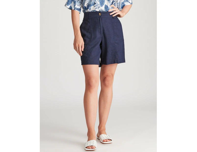 KATIES - Womens Shorts -  Linen Blend Pocket Detail Shorts - Dk Navy