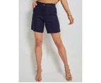 KATIES - Womens Shorts -  Linen Blend Pocket Detail Shorts - Dk Navy