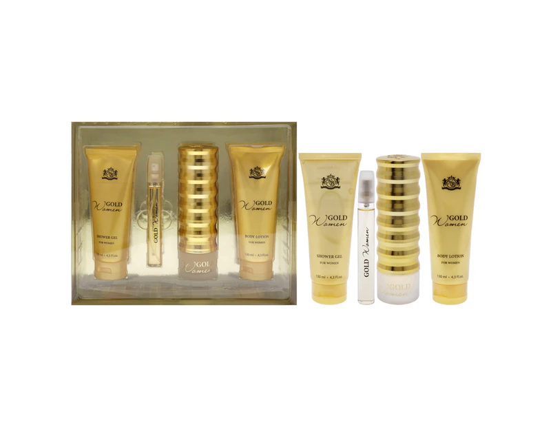 New Brand Gold for Women 4 Pc Gift Set 3.3oz EDP Spray, 0.5oz EDP Spray, 4.3oz Shower Gel, 4.3oz Body Lotion