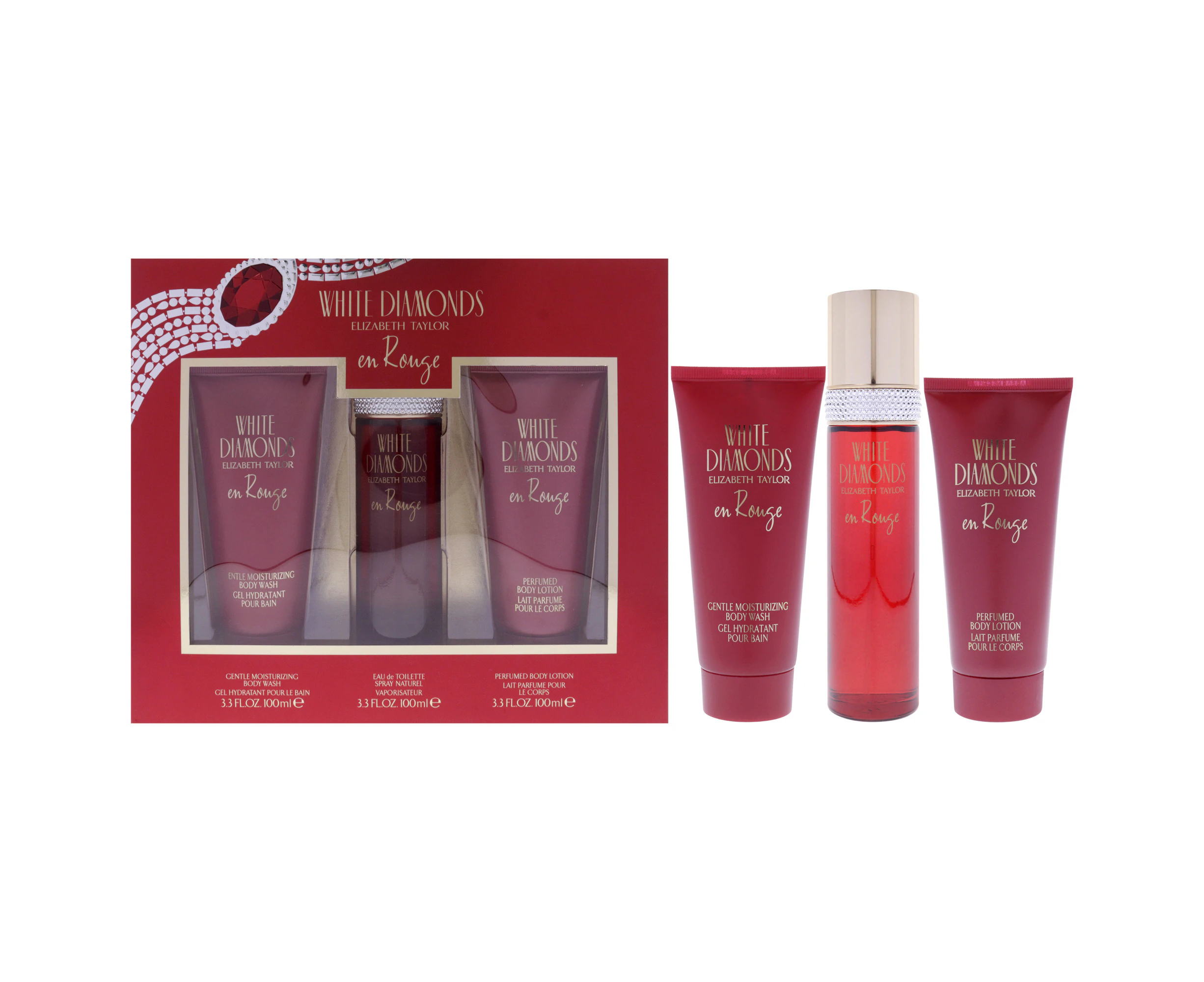 White Diamonds En Rouge by Elizabeth Taylor for Women - 3 Pc Gift Set 3.3oz EDT Spray, 3.3oz Body Lotion, 3.3oz Body Wash