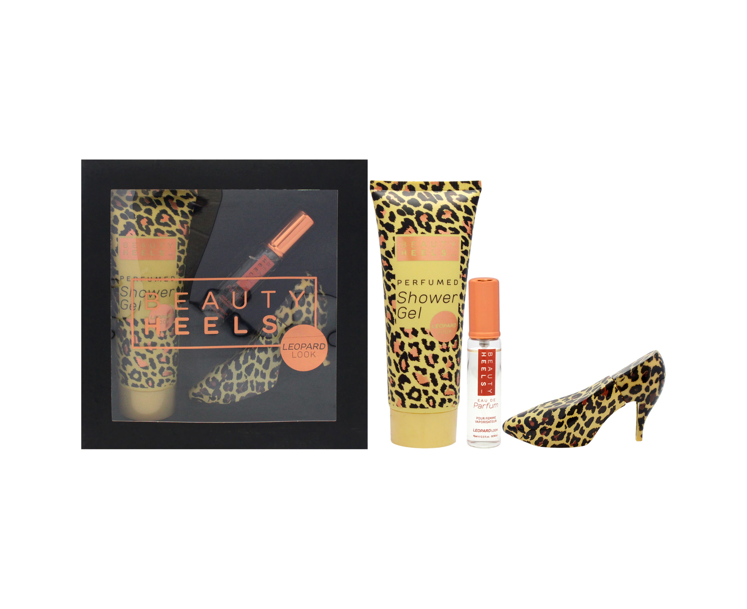 Beauty Heels Leopard Edition by Glamour and Heels for Women - 3 Pc Gift Set 1oz EDP Spray, 0.51oz EDP Spray, 4oz Shower Gel