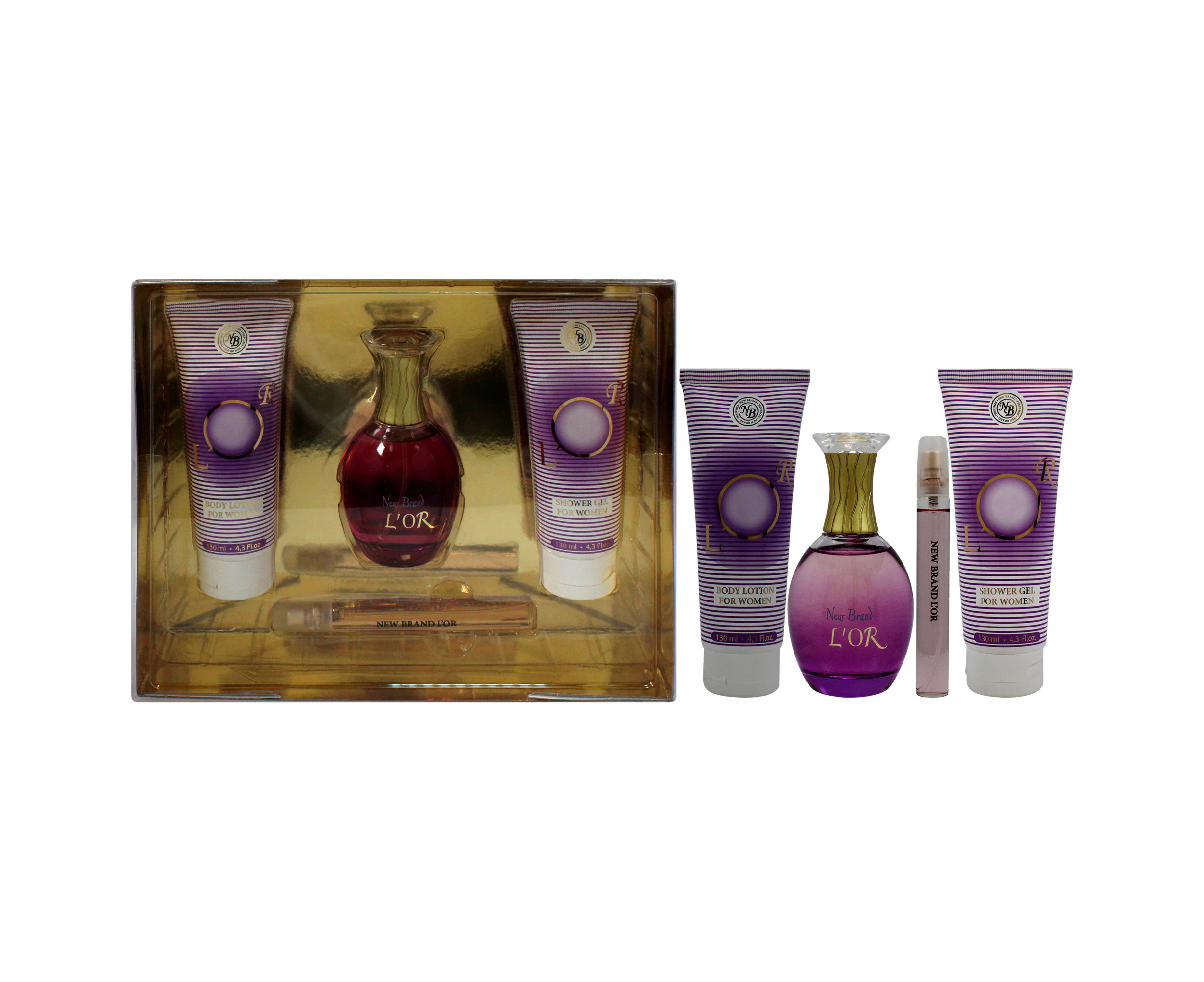 Lor by New Brand for Women - 4 Pc Gift Set 3.3oz EDP Spray, 0.5oz EDP Spray, 4.3oz Shower Gel, 4.3oz Body Lotion