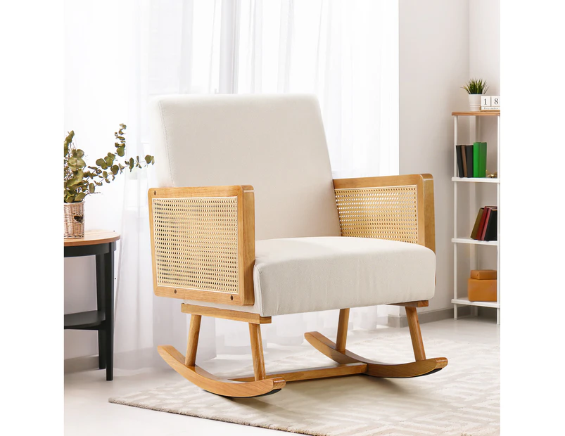 Oikiture Rocking Chair Nursing Armchair Linen Accent Chairs PE Rattan Beige