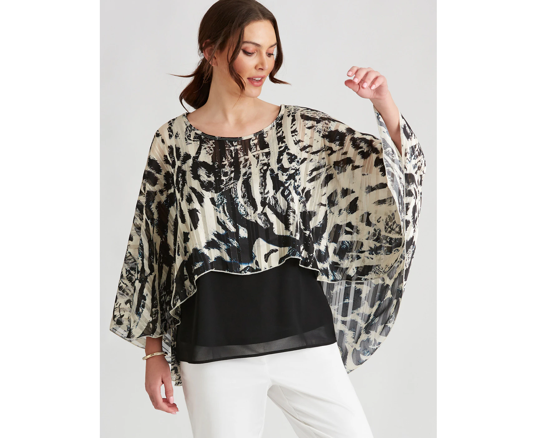 Liz Jordan - Womens Summer Tops - White Blouse / Shirt - Abstract - Smart Casual - Ivory - Relaxed Fit - Long Sleeve Scoop Neck - Regular - Work Wear