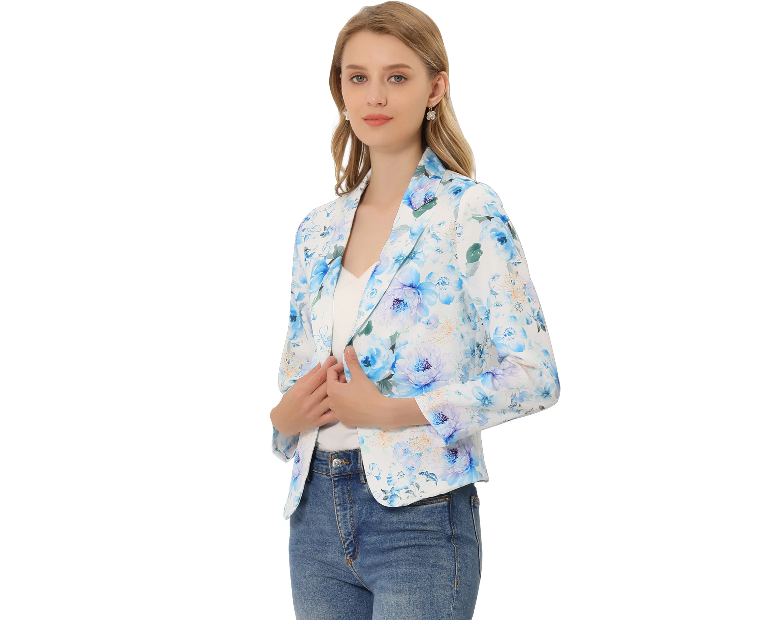 Allegra K Open Front Business Casual Workwear Crop Suit Blazer Jacket White Light Blue-floral