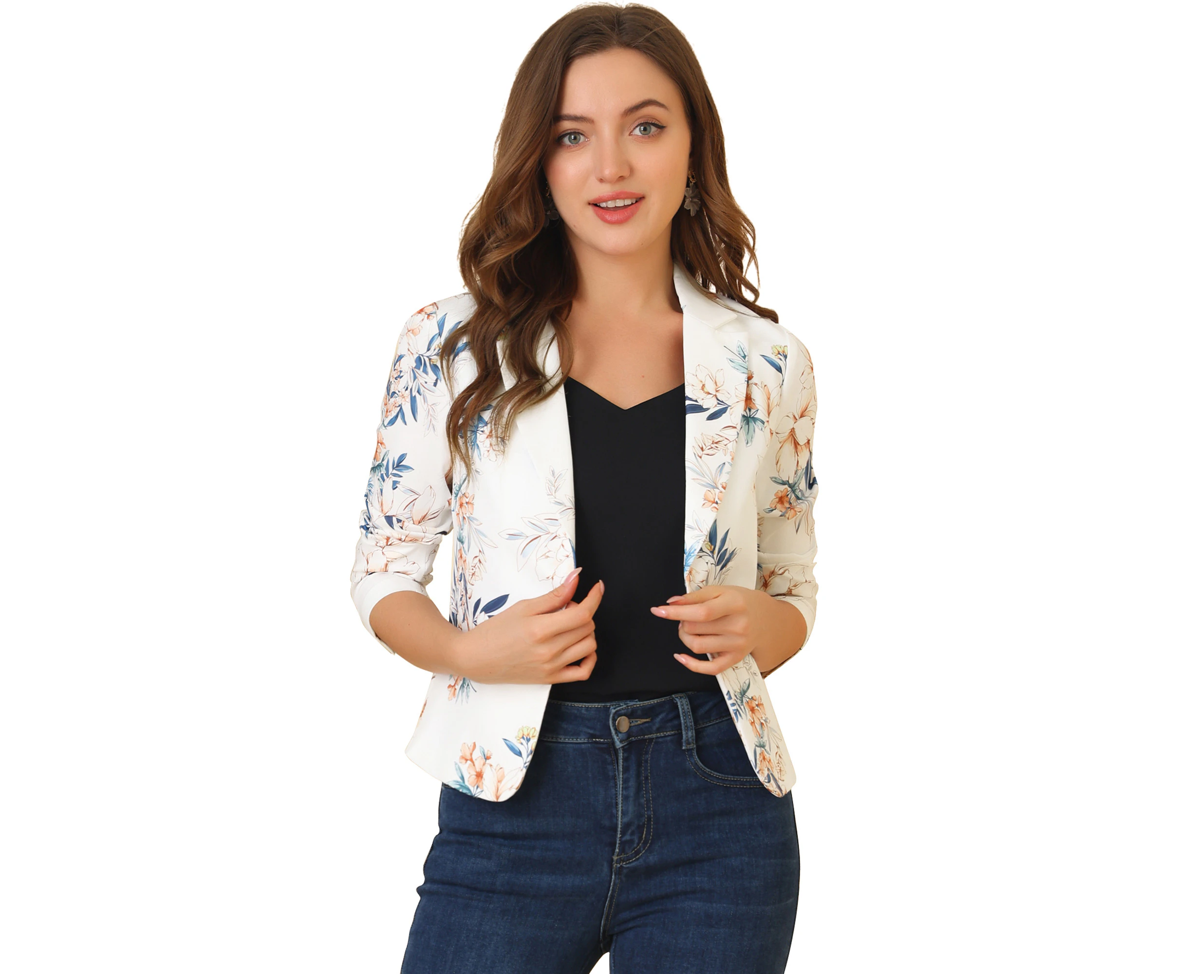 Allegra K Open Front Business Casual Workwear Crop Suit Blazer Jacket White-floral