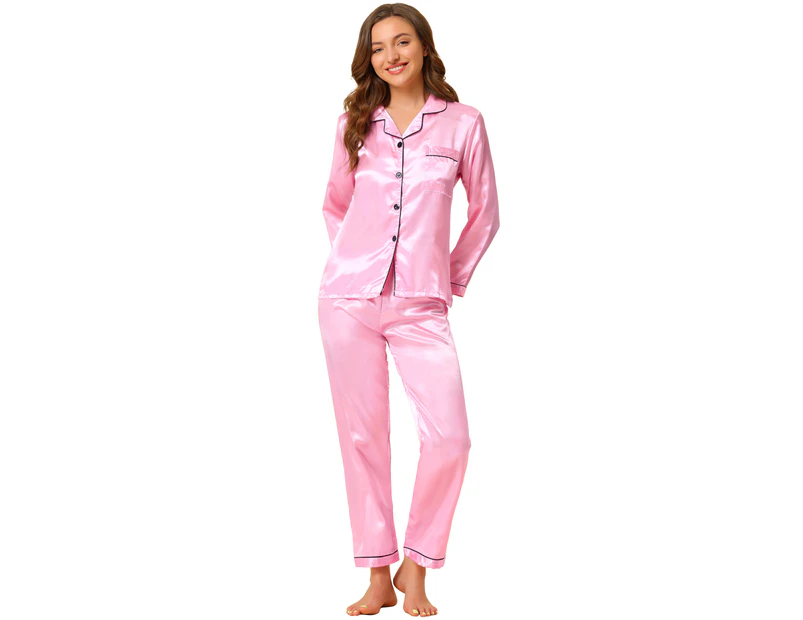 Cheibear Pajama Sets Sleepwear Button Down Night Suit Lounge Sets Pink