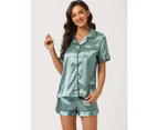 Cheibear Pajama Loungewear Short Sleeves Button Down Satin Pj Sets Gray Green