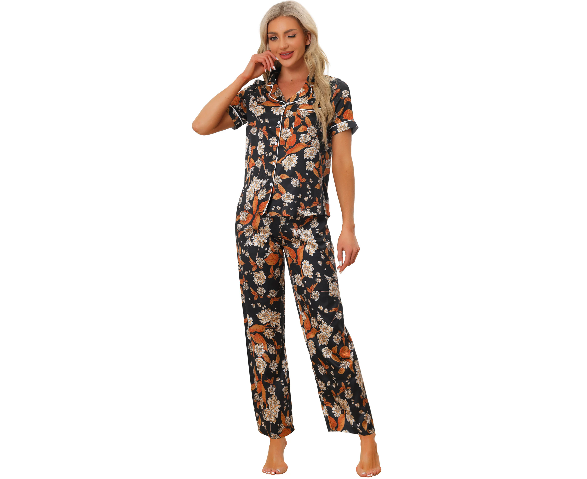 Cheibear Pajama Set Silk Short Sleeves And Pants Floral Satin Sets Black-orange