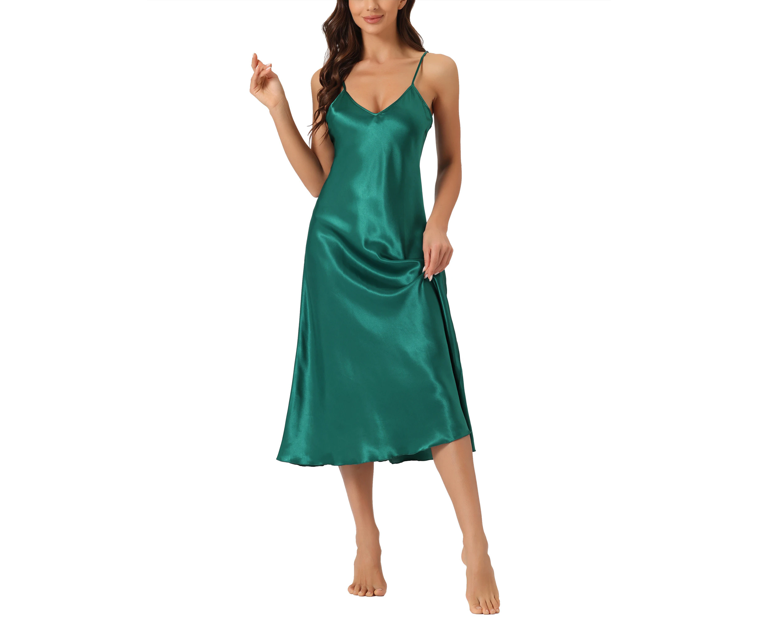 Cheibear Satin Pajama Nightdress Nightshirt Sleepwear V-neck Lounge Nightgown Dark Green