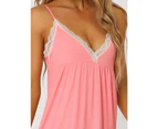 Cheibear Pajama V Neck Lace Nightdress Stretchy Lounge Dress Pink