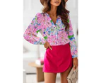 Azura Exchange Print Buttoned V Neck Shirt - Pink