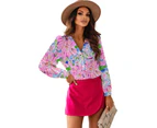 Azura Exchange Print Buttoned V Neck Shirt - Pink