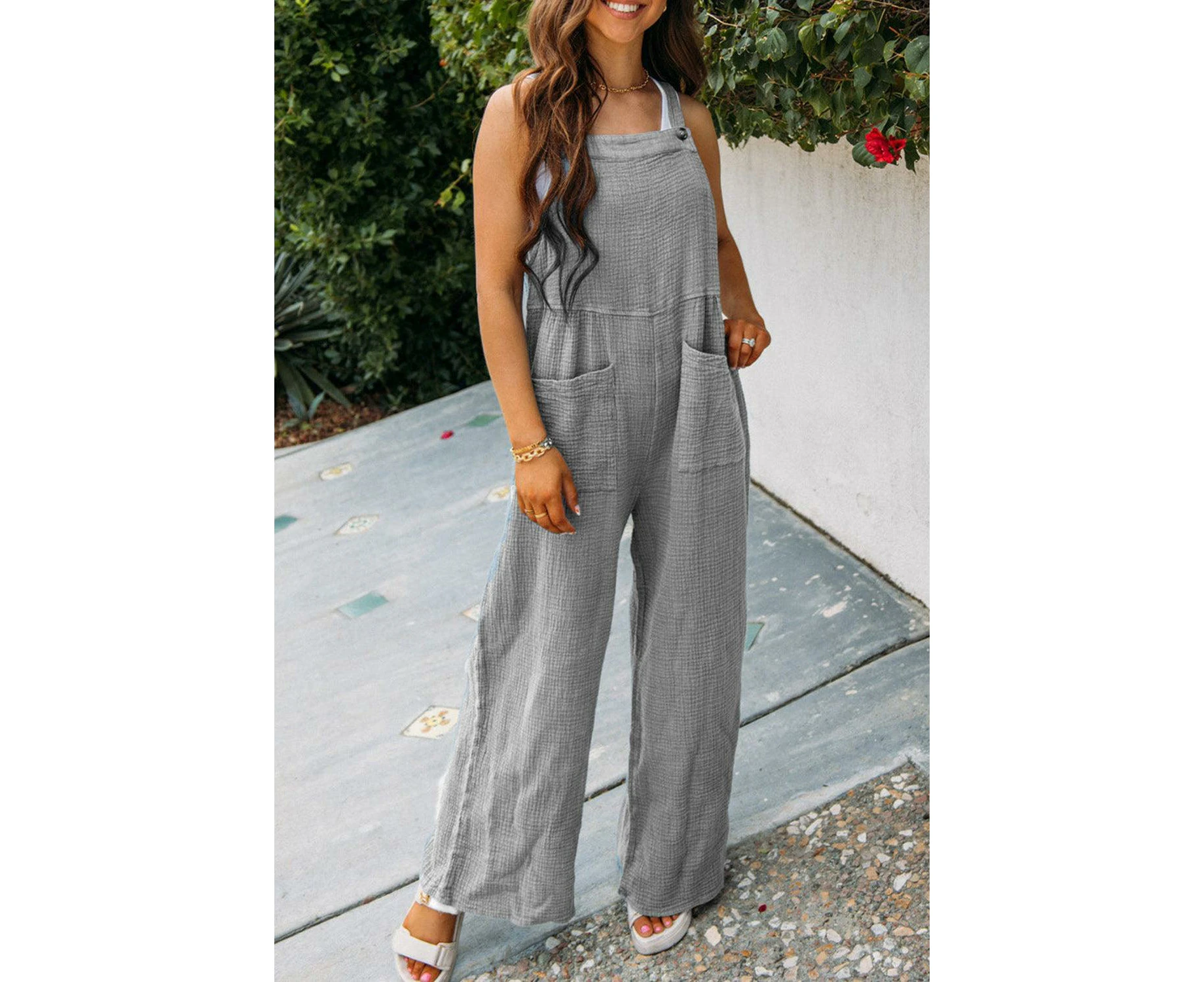 Azura Exchange Textured Wide Leg Overall with Pockets - Gray