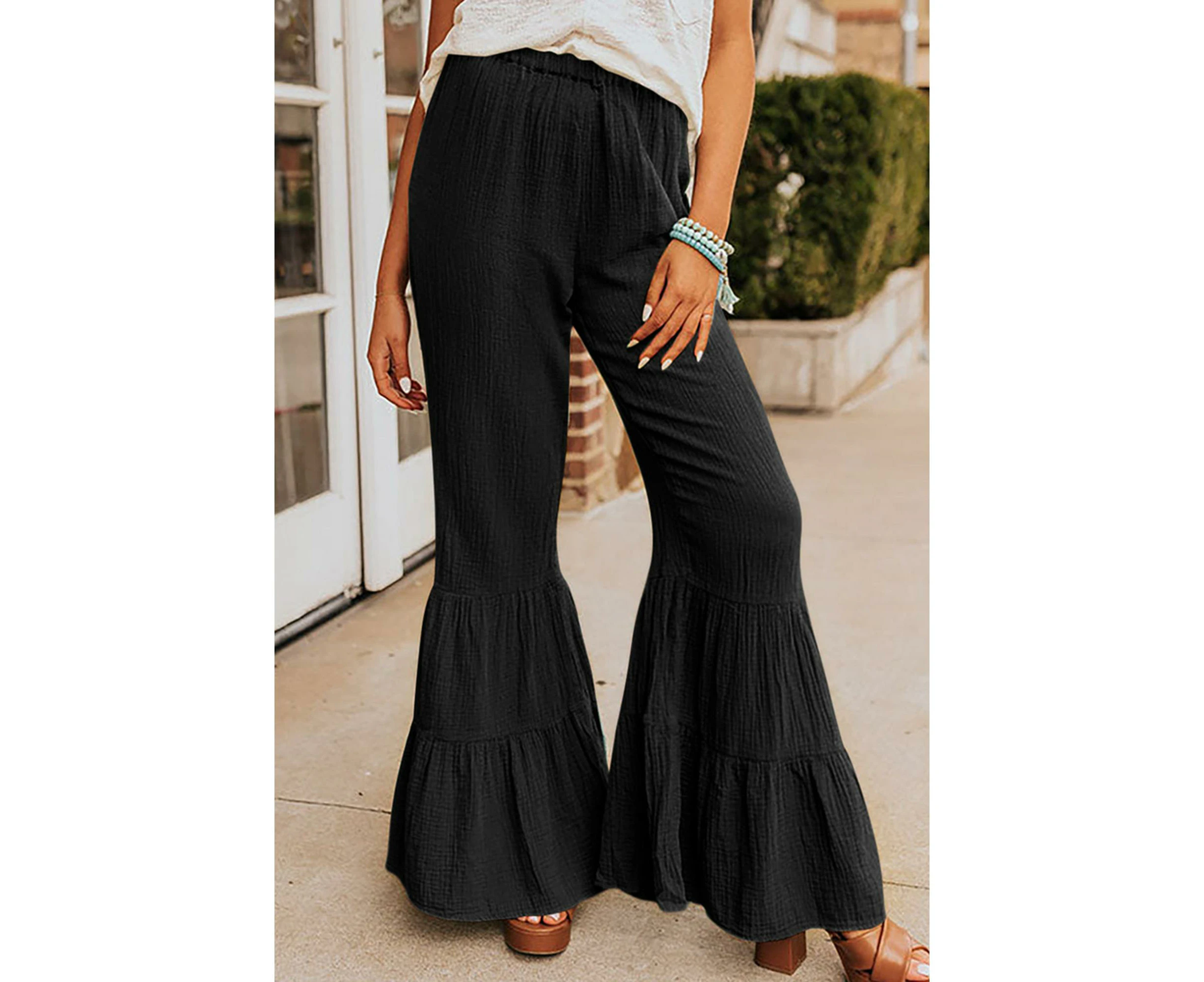 Azura Exchange Textured Ruffled Bell Bottom Pants - Black