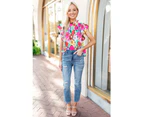 Azura Exchange Abstract Floral Print Frilled Neck Pleated Blouse - Multicolor