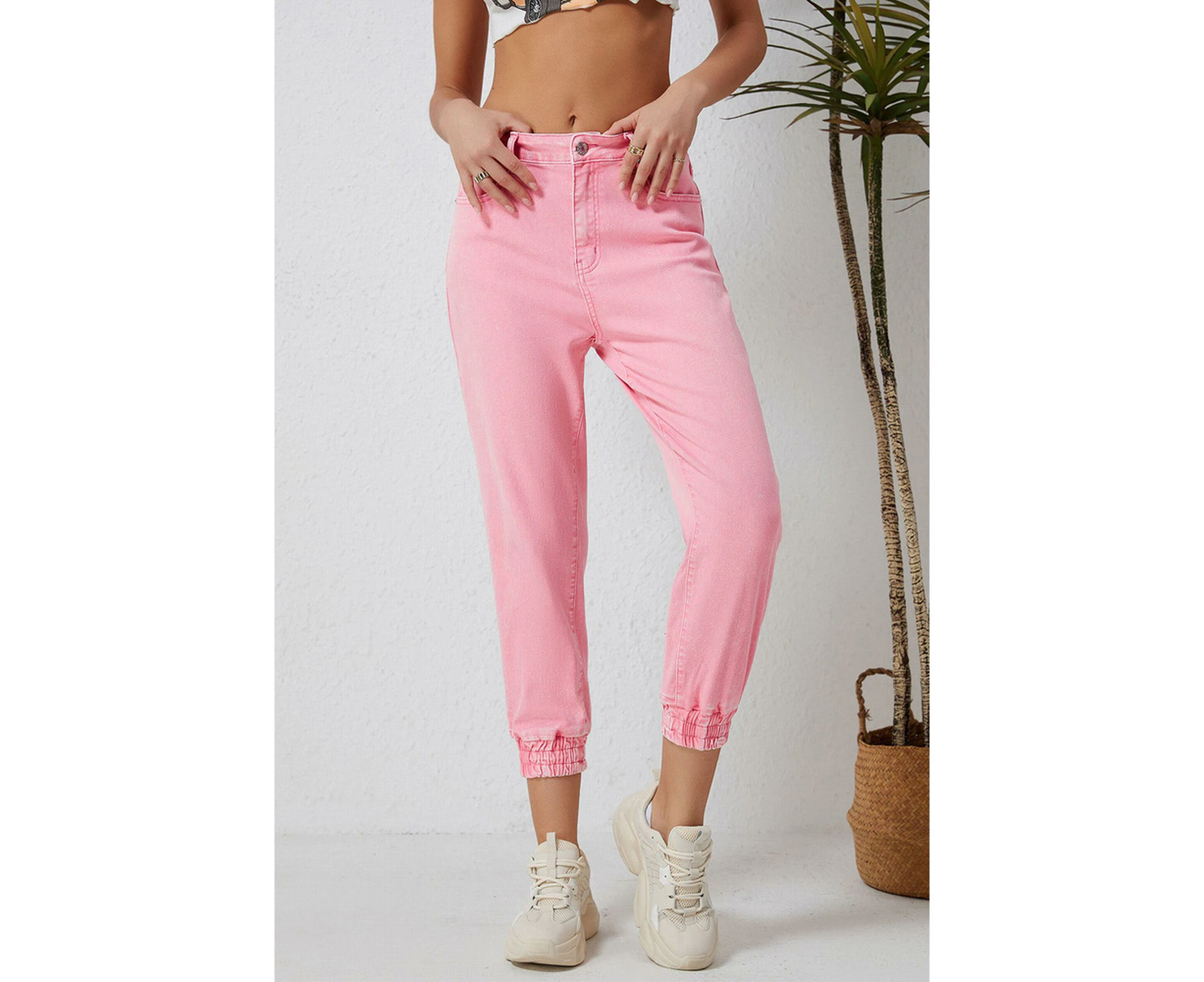 Azura Exchange Acid Wash Elastic Cuffed Jeans - Pink