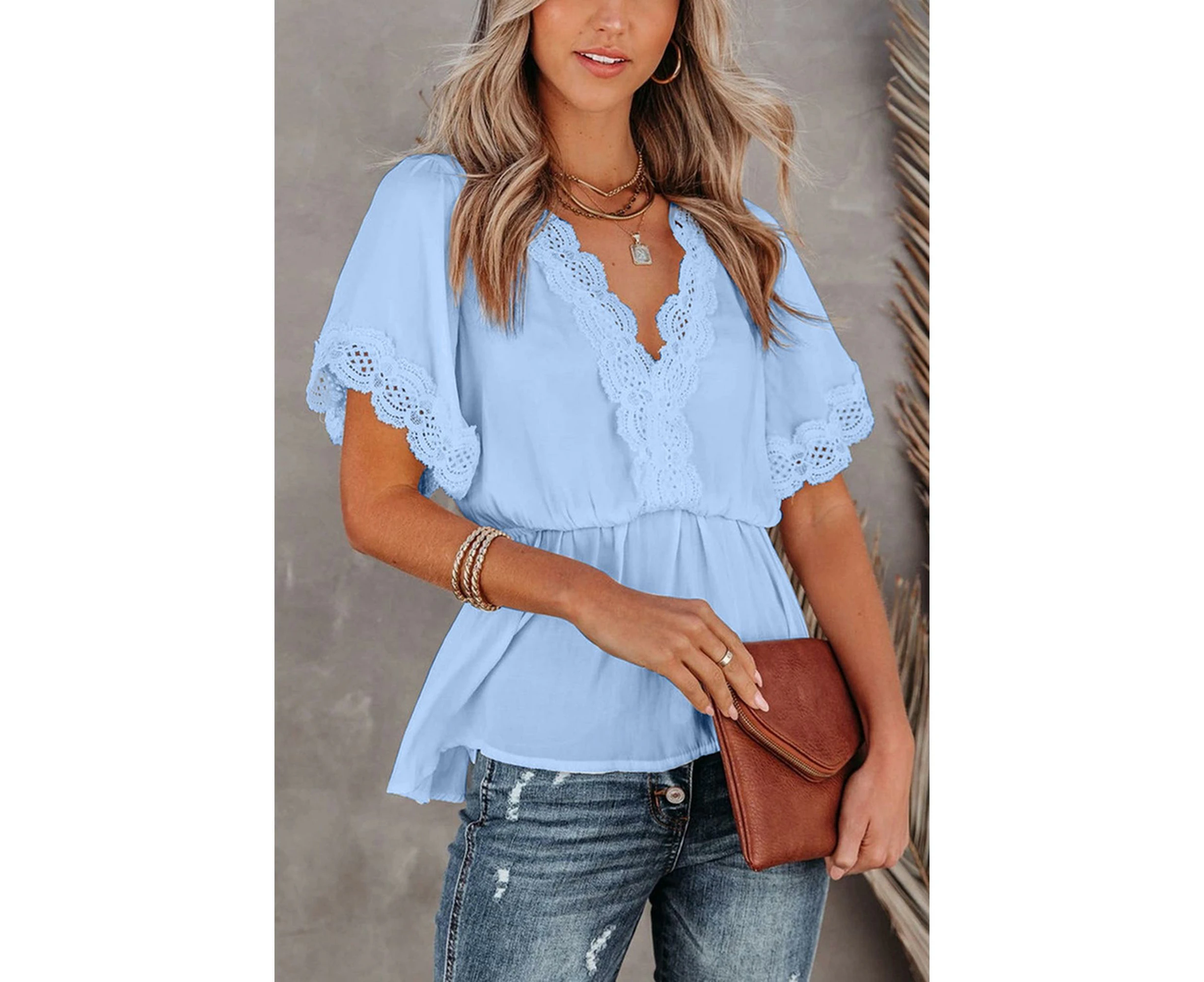 Azura Exchange Lace Splicing V Neck Blouse - Sky Blue