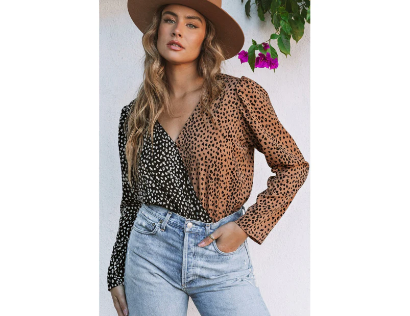 Azura Exchange Leopard Print Wrap Long Sleeve Bodysuit - Leopard