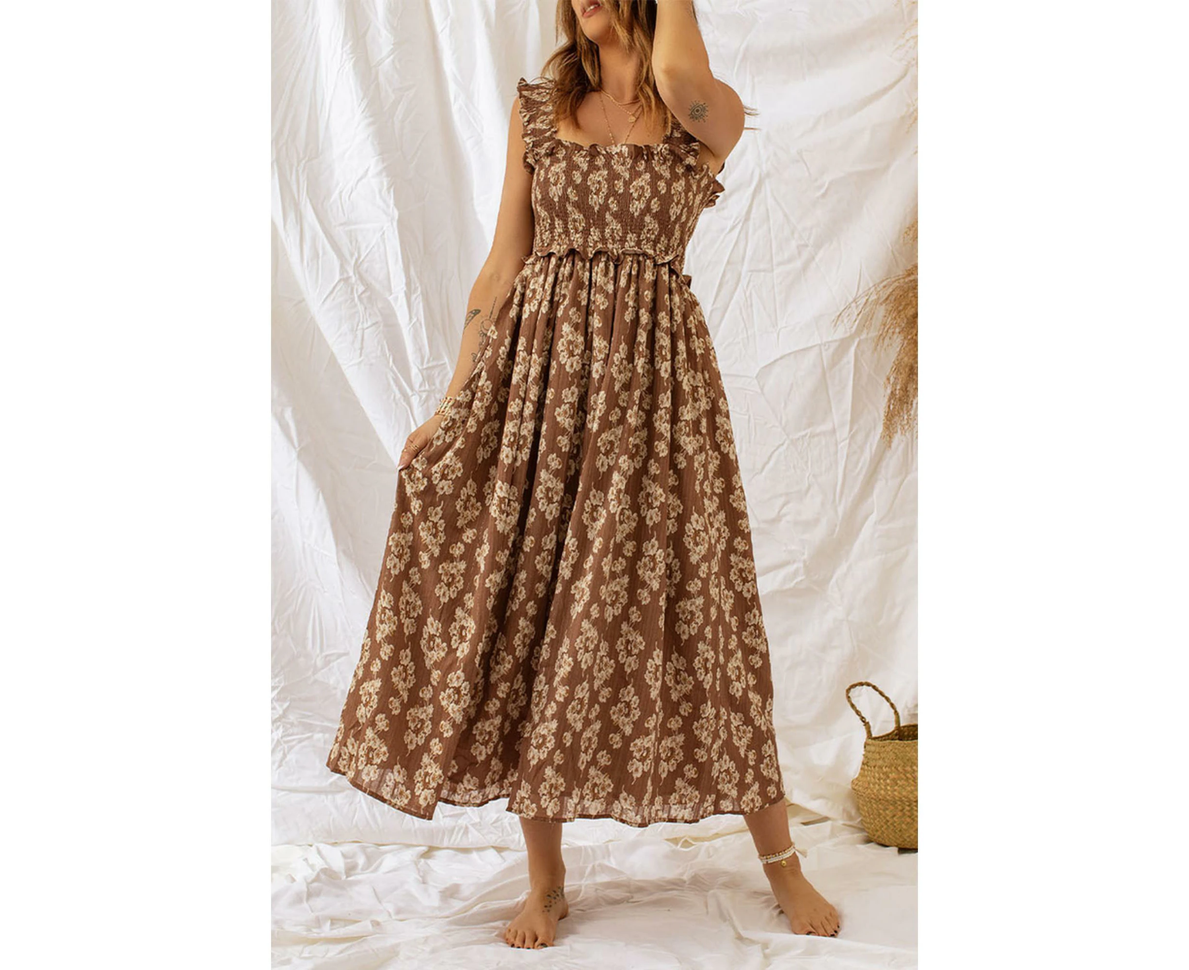 Azura Exchange Maxi Dress with Ruffled Straps and Smocked Floral Design - Brown