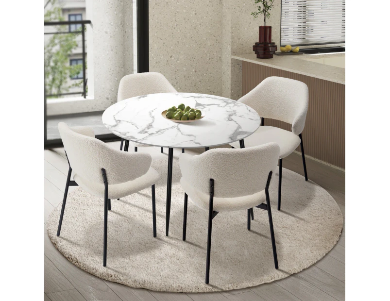 Oikiture 110cm Round Dining Table with 4PCS Dining Chairs Accent Sherpa White