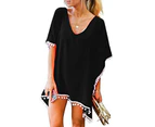 Women's Pom Pom Trim Kaftan Chiffon Swimwear Beach Cover Up - Black