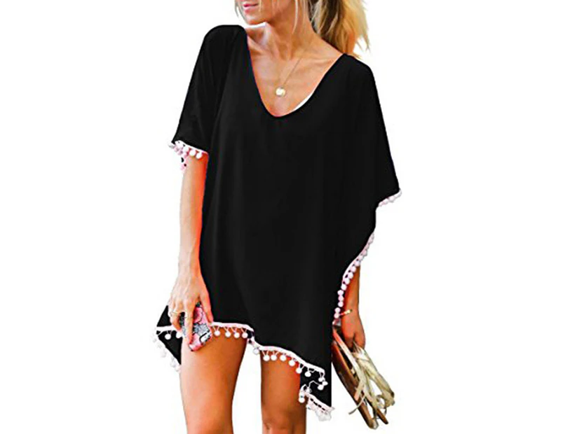 Women's Pom Pom Trim Kaftan Chiffon Swimwear Beach Cover Up - Black