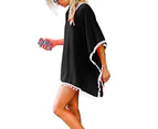 Women's Pom Pom Trim Kaftan Chiffon Swimwear Beach Cover Up - Black