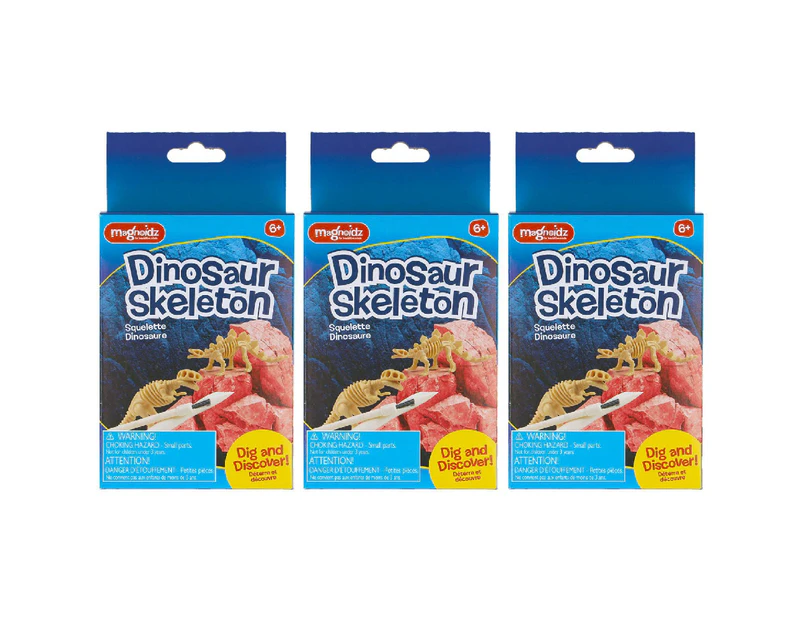 3x Magnoidz 16cm Dig & Discover Dinosaur Skeleton Kit Kids Educational Toy 6y+